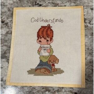 Handmade Cross Stitch "God Understands" Boy Child and Dog Unframed